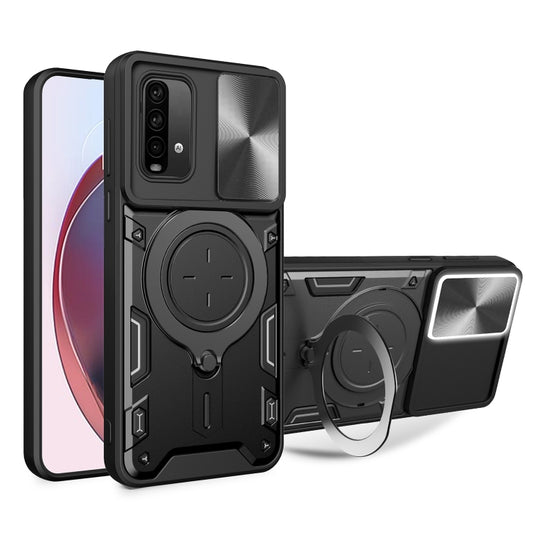 For Xiaomi Redmi Note 9 4G CD Texture Sliding Camshield Magnetic Holder Phone Case(Black) - Xiaomi Cases by buy2fix | Online Shopping UK | buy2fix