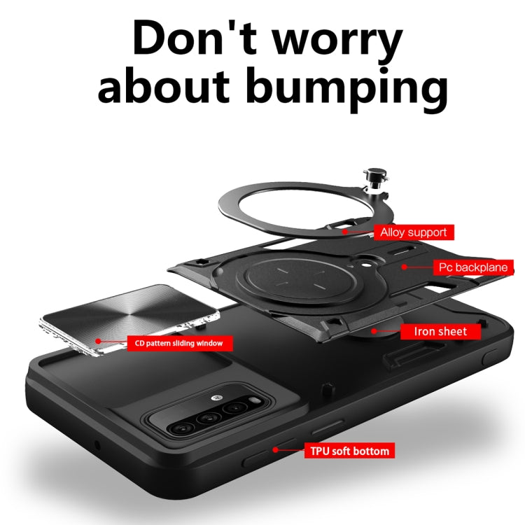For Xiaomi Redmi Note 9 4G CD Texture Sliding Camshield Magnetic Holder Phone Case(Black) - Xiaomi Cases by buy2fix | Online Shopping UK | buy2fix