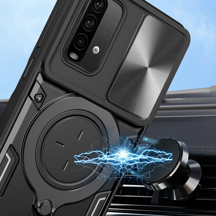 For Xiaomi Redmi Note 9 4G CD Texture Sliding Camshield Magnetic Holder Phone Case(Black) - Xiaomi Cases by buy2fix | Online Shopping UK | buy2fix