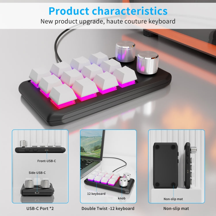 USB Wired 12KV2 MOLD Mini Mechanical 12 Keys 2 Knob Custom Programming Keyboard(White) by buy2fix