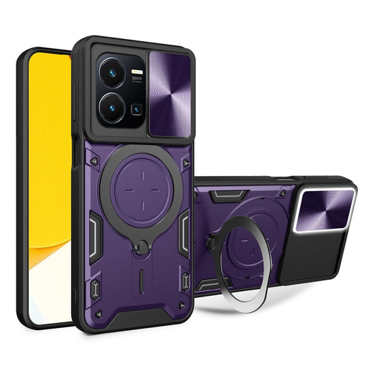 For vivo Y35 4G CD Texture Sliding Camshield Magnetic Holder Phone Case(Purple) - vivo Cases by buy2fix | Online Shopping UK | buy2fix