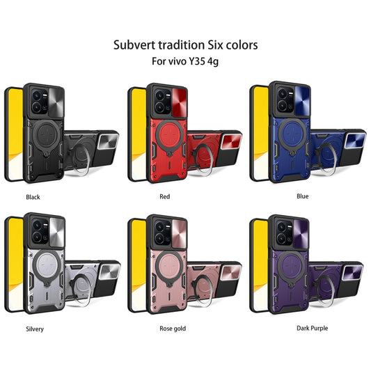 For vivo Y35 4G CD Texture Sliding Camshield Magnetic Holder Phone Case(Purple) - vivo Cases by buy2fix | Online Shopping UK | buy2fix