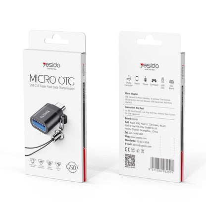 Yesido GS07 Micro USB to USB 2.0 OTG Mini Connector Adapter with Keychain(Black) - Converter & Adapter by Yesido | Online Shopping UK | buy2fix