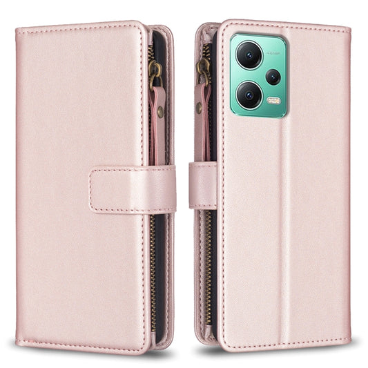 For Xiaomi Redmi Note 12 5G 9 Card Slots Zipper Wallet Leather Flip Phone Case(Rose Gold) by buy2fix