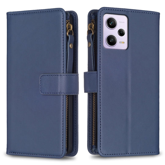 Pour Xiaomi Redmi Note 12 Pro 9 emplacements pour cartes portefeuille à fermeture éclair étui de téléphone à rabat en cuir (bleu)