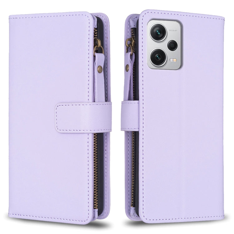 For Xiaomi Redmi Note 12 Pro+ 5G Global 9 Card Slots Zipper Wallet Leather Flip Phone Case(Light Purple) by buy2fix
