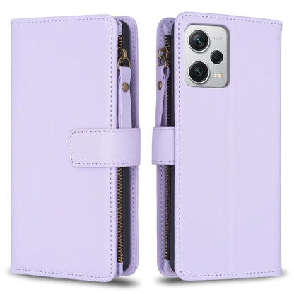 For Xiaomi Redmi Note 12 Pro+ 5G Global 9 Card Slots Zipper Wallet Leather Flip Phone Case(Light Purple) by buy2fix