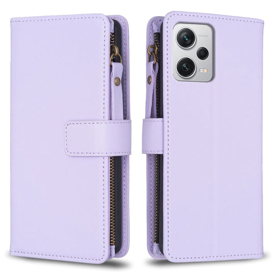 Pour Xiaomi Redmi Note 12 Pro + 5G Global 9 emplacements pour cartes Portefeuille à glissière Étui de téléphone à rabat en cuir (violet clair)