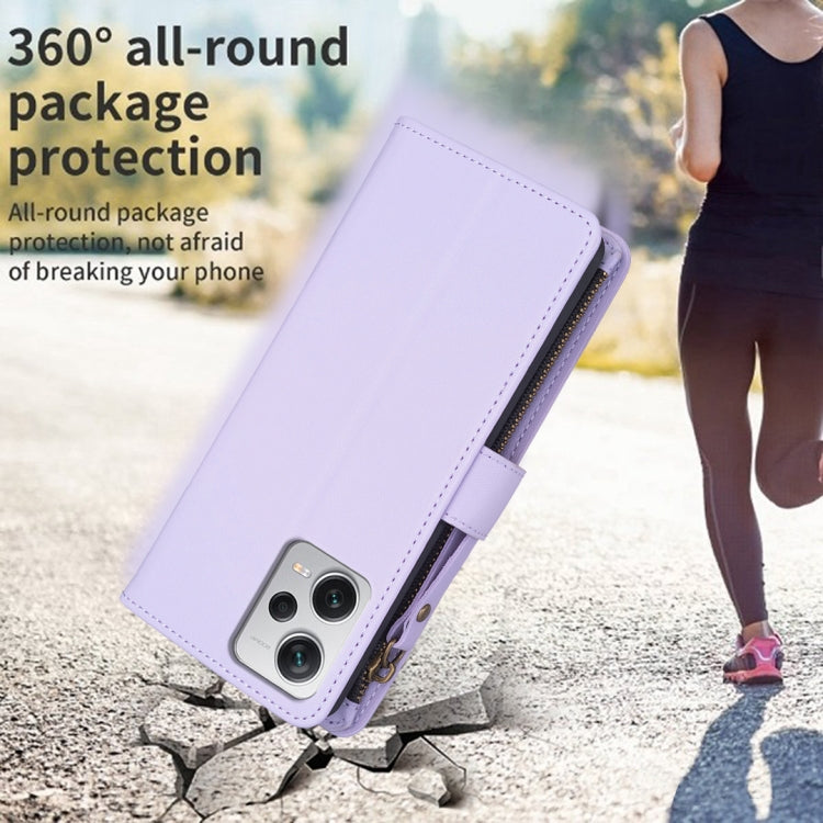 For Xiaomi Redmi Note 12 Pro+ 5G Global 9 Card Slots Zipper Wallet Leather Flip Phone Case(Light Purple) by buy2fix