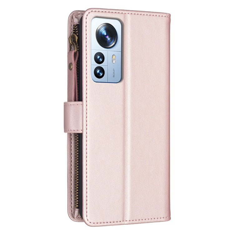 For Xiaomi 12 Pro 9 Card Slots Zipper Wallet Leather Flip Phone Case(Rose Gold) by buy2fix