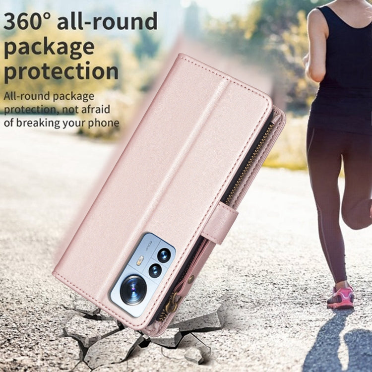 For Xiaomi 12 Pro 9 Card Slots Zipper Wallet Leather Flip Phone Case(Rose Gold) by buy2fix