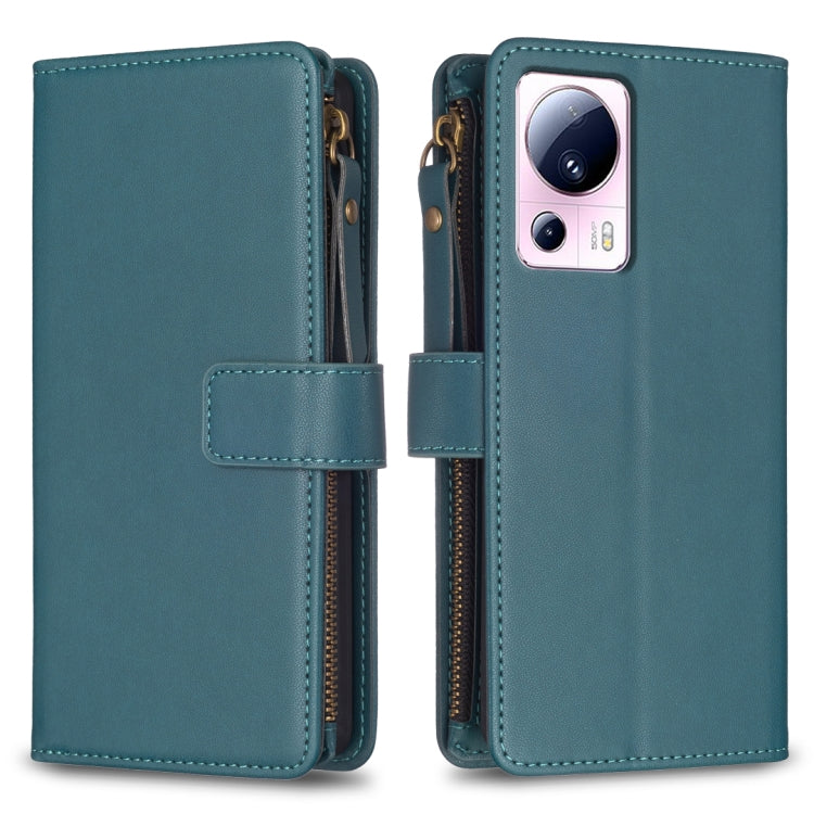 For Xiaomi 13 Lite 9 Card Slots Zipper Wallet Leather Flip Phone Case(Green) - Xiaomi Cases by buy2fix | Online Shopping UK | buy2fix
