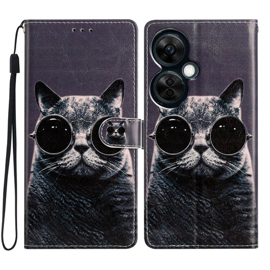 For OnePlus Nord CE 3 Lite 5G Colored Drawing Leather Phone Case(Sunglasses Cat) - OnePlus Cases by buy2fix | Online Shopping UK | buy2fix