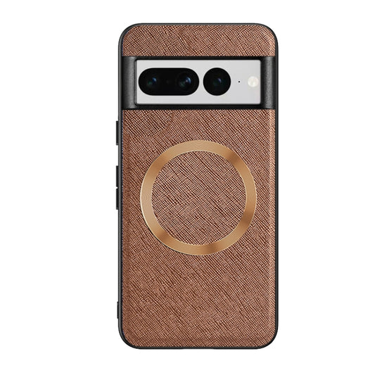 For Google Pixel 8 CD Magnetic Ring Magsafe Cross Texture Phone Case(Brown) - Google Cases by buy2fix | Online Shopping UK | buy2fix