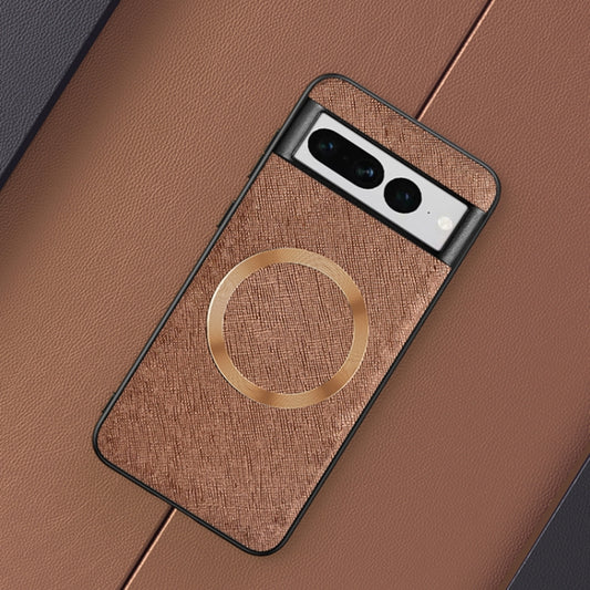 For Google Pixel 8 Pro CD Magnetic Ring Magsafe Cross Texture Phone Case(Brown) - Google Cases by buy2fix | Online Shopping UK | buy2fix