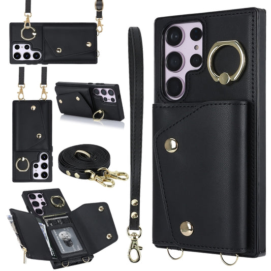 For Samsung Galaxy S23 Ultra 5G Zipper Card Bag Phone Case with Dual Lanyard(Black) - Galaxy S23 Ultra 5G Cases by buy2fix | Online Shopping UK | buy2fix