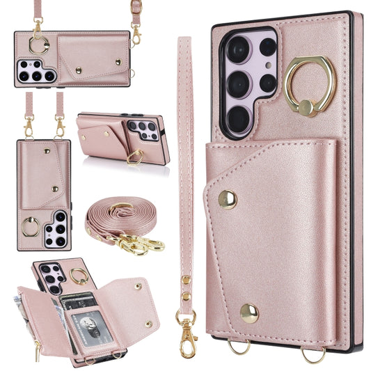 For Samsung Galaxy S23 Ultra 5G Zipper Card Bag Phone Case with Dual Lanyard(Rose Gold) - Galaxy S23 Ultra 5G Cases by buy2fix | Online Shopping UK | buy2fix