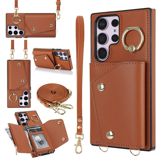For Samsung Galaxy S23 Ultra 5G Zipper Card Bag Phone Case with Dual Lanyard(Brown) - Galaxy S23 Ultra 5G Cases by buy2fix | Online Shopping UK | buy2fix