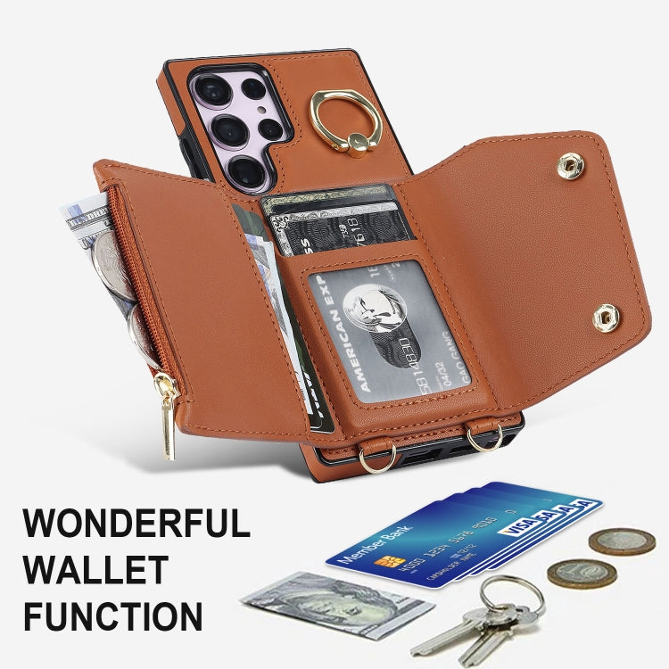 For Samsung Galaxy S23 Ultra 5G Zipper Card Bag Phone Case with Dual Lanyard(Brown) - Galaxy S23 Ultra 5G Cases by buy2fix | Online Shopping UK | buy2fix