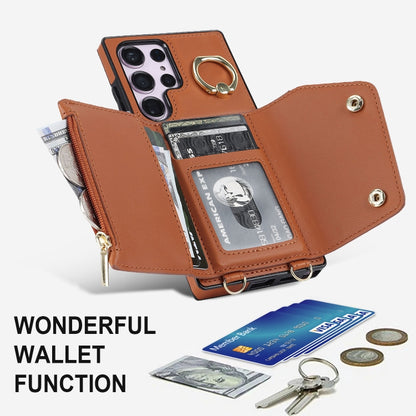 For Samsung Galaxy S23 Ultra 5G Zipper Card Bag Phone Case with Dual Lanyard(Brown) - Galaxy S23 Ultra 5G Cases by buy2fix | Online Shopping UK | buy2fix