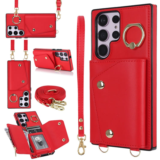For Samsung Galaxy S23 Ultra 5G Zipper Card Bag Phone Case with Dual Lanyard(Red) - Galaxy S23 Ultra 5G Cases by buy2fix | Online Shopping UK | buy2fix