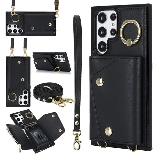 For Samsung Galaxy S22 Ultra 5G Zipper Card Bag Phone Case with Dual Lanyard(Black) - Galaxy S22 Ultra 5G Cases by buy2fix | Online Shopping UK | buy2fix