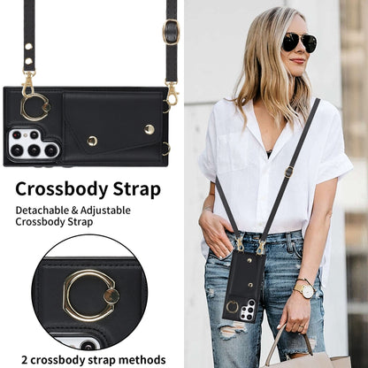 For Samsung Galaxy S22 Ultra 5G Zipper Card Bag Phone Case with Dual Lanyard(Black) - Galaxy S22 Ultra 5G Cases by buy2fix | Online Shopping UK | buy2fix