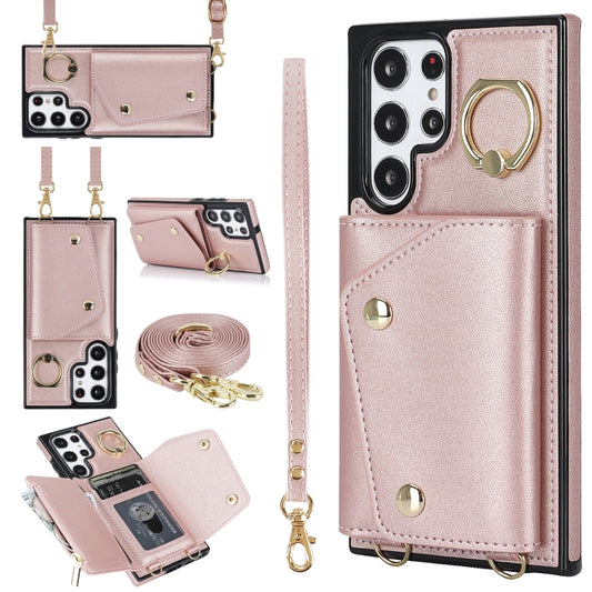 For Samsung Galaxy S22 Ultra 5G Zipper Card Bag Phone Case with Dual Lanyard(Rose Gold) - Galaxy S22 Ultra 5G Cases by buy2fix | Online Shopping UK | buy2fix