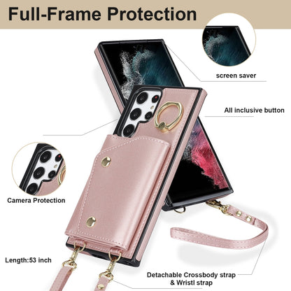 For Samsung Galaxy S22 Ultra 5G Zipper Card Bag Phone Case with Dual Lanyard(Rose Gold) - Galaxy S22 Ultra 5G Cases by buy2fix | Online Shopping UK | buy2fix