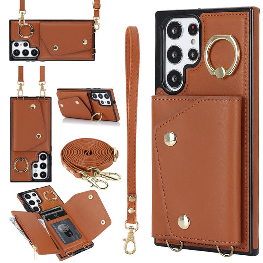 For Samsung Galaxy S22 Ultra 5G Zipper Card Bag Phone Case with Dual Lanyard(Brown) - Galaxy S22 Ultra 5G Cases by buy2fix | Online Shopping UK | buy2fix