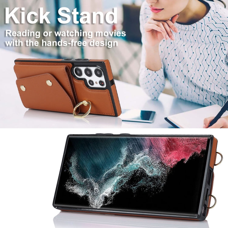 For Samsung Galaxy S22 Ultra 5G Zipper Card Bag Phone Case with Dual Lanyard(Brown) - Galaxy S22 Ultra 5G Cases by buy2fix | Online Shopping UK | buy2fix