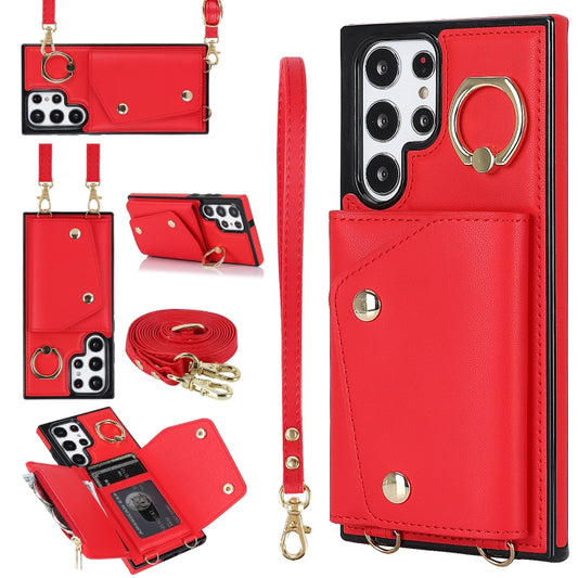 For Samsung Galaxy S22 Ultra 5G Zipper Card Bag Phone Case with Dual Lanyard(Red) - Galaxy S22 Ultra 5G Cases by buy2fix | Online Shopping UK | buy2fix