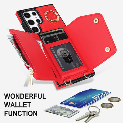For Samsung Galaxy S22 Ultra 5G Zipper Card Bag Phone Case with Dual Lanyard(Red) - Galaxy S22 Ultra 5G Cases by buy2fix | Online Shopping UK | buy2fix