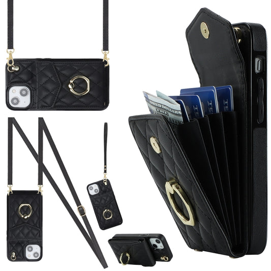For iPhone 14 Plus Rhombic Texture Card Bag Phone Case with Long Lanyard(Black) - iPhone 14 Plus Cases by buy2fix | Online Shopping UK | buy2fix