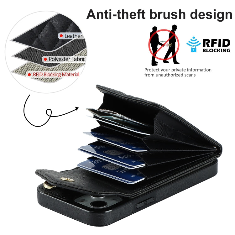 For iPhone 14 Plus Rhombic Texture Card Bag Phone Case with Long Lanyard(Black) - iPhone 14 Plus Cases by buy2fix | Online Shopping UK | buy2fix