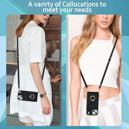 For iPhone 14 Plus Rhombic Texture Card Bag Phone Case with Long Lanyard(Black) - iPhone 14 Plus Cases by buy2fix | Online Shopping UK | buy2fix
