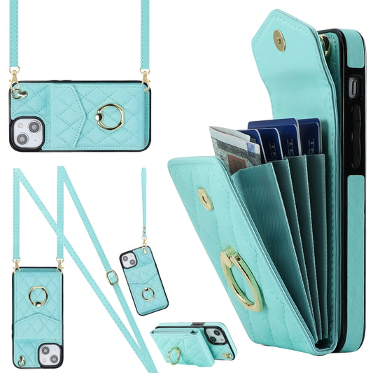 For iPhone 14 Plus Rhombic Texture Card Bag Phone Case with Long Lanyard(Mint Green) - iPhone 14 Plus Cases by buy2fix | Online Shopping UK | buy2fix