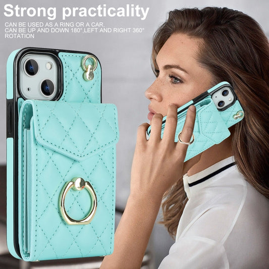 For iPhone 14 Plus Rhombic Texture Card Bag Phone Case with Long Lanyard(Mint Green) - iPhone 14 Plus Cases by buy2fix | Online Shopping UK | buy2fix