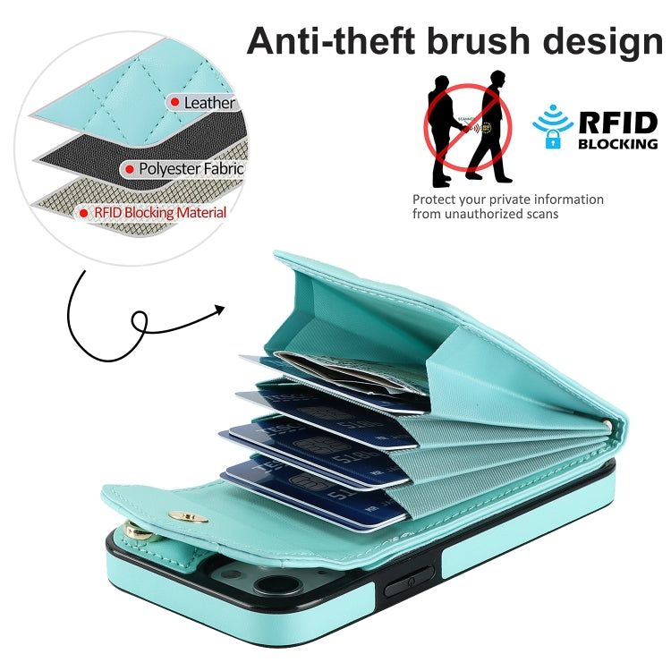 For iPhone 14 Plus Rhombic Texture Card Bag Phone Case with Long Lanyard(Mint Green) - iPhone 14 Plus Cases by buy2fix | Online Shopping UK | buy2fix
