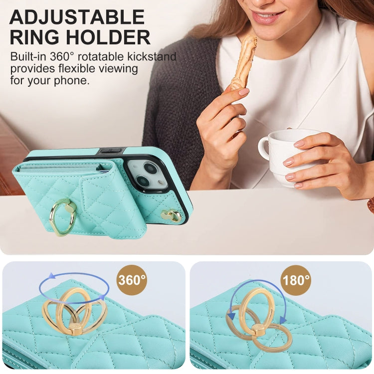 For iPhone 14 Plus Rhombic Texture Card Bag Phone Case with Long Lanyard(Mint Green) - iPhone 14 Plus Cases by buy2fix | Online Shopping UK | buy2fix
