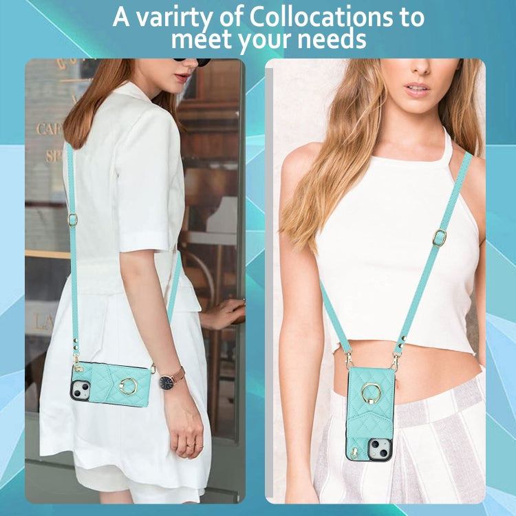 For iPhone 14 Plus Rhombic Texture Card Bag Phone Case with Long Lanyard(Mint Green) - iPhone 14 Plus Cases by buy2fix | Online Shopping UK | buy2fix