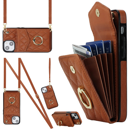 For iPhone 14 Plus Rhombic Texture Card Bag Phone Case with Long Lanyard(Brown) - iPhone 14 Plus Cases by buy2fix | Online Shopping UK | buy2fix