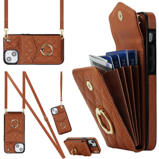 For iPhone 14 Plus Rhombic Texture Card Bag Phone Case with Long Lanyard(Brown) - iPhone 14 Plus Cases by buy2fix | Online Shopping UK | buy2fix