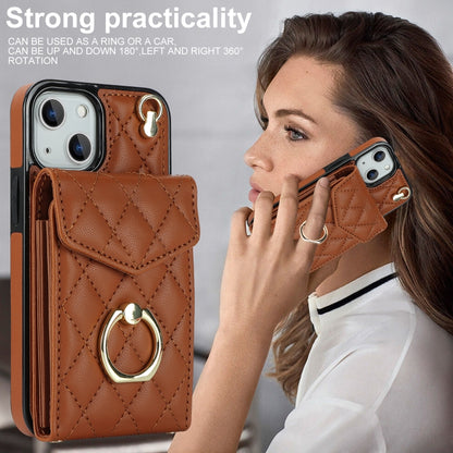 For iPhone 14 Plus Rhombic Texture Card Bag Phone Case with Long Lanyard(Brown) - iPhone 14 Plus Cases by buy2fix | Online Shopping UK | buy2fix