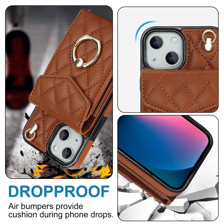 For iPhone 14 Plus Rhombic Texture Card Bag Phone Case with Long Lanyard(Brown) - iPhone 14 Plus Cases by buy2fix | Online Shopping UK | buy2fix