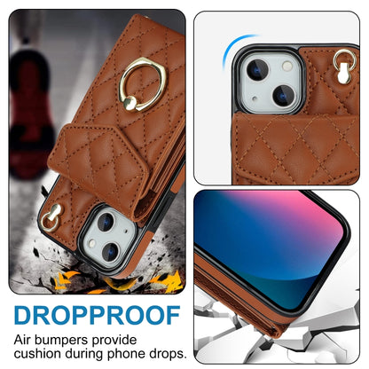 For iPhone 14 Plus Rhombic Texture Card Bag Phone Case with Long Lanyard(Brown) - iPhone 14 Plus Cases by buy2fix | Online Shopping UK | buy2fix