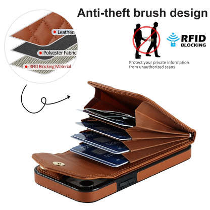 For iPhone 14 Plus Rhombic Texture Card Bag Phone Case with Long Lanyard(Brown) - iPhone 14 Plus Cases by buy2fix | Online Shopping UK | buy2fix