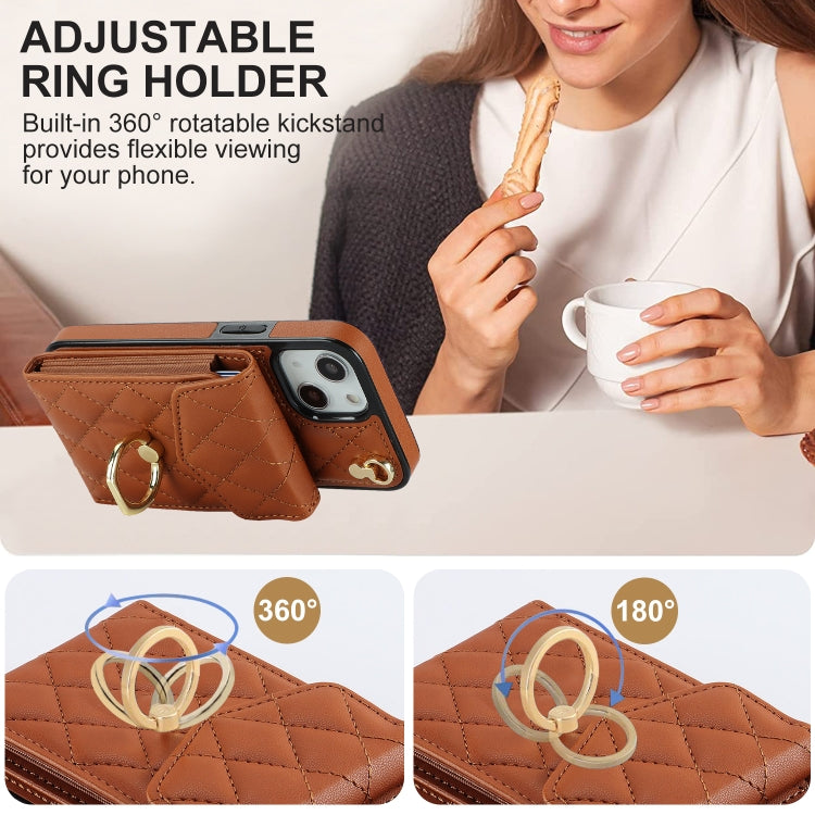 For iPhone 14 Plus Rhombic Texture Card Bag Phone Case with Long Lanyard(Brown) - iPhone 14 Plus Cases by buy2fix | Online Shopping UK | buy2fix