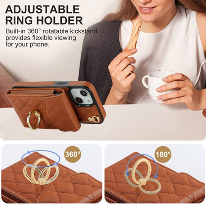For iPhone 14 Plus Rhombic Texture Card Bag Phone Case with Long Lanyard(Brown) - iPhone 14 Plus Cases by buy2fix | Online Shopping UK | buy2fix