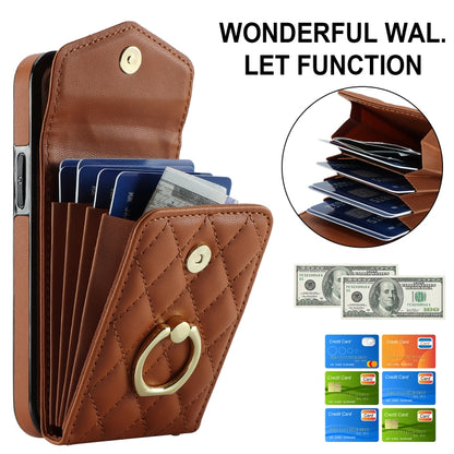 For iPhone 14 Plus Rhombic Texture Card Bag Phone Case with Long Lanyard(Brown) - iPhone 14 Plus Cases by buy2fix | Online Shopping UK | buy2fix